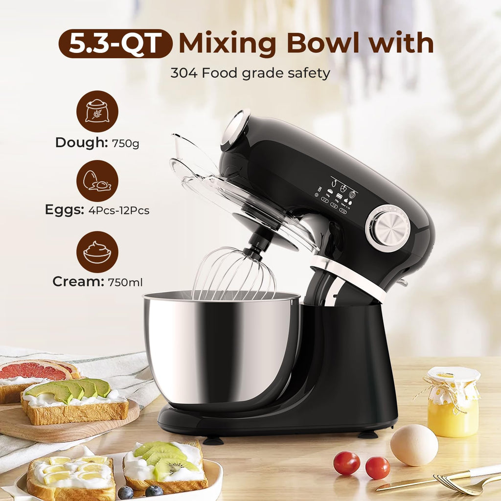 5.3 Quart Electric Stand Mixer With 12 Speed, Low Noise, Black