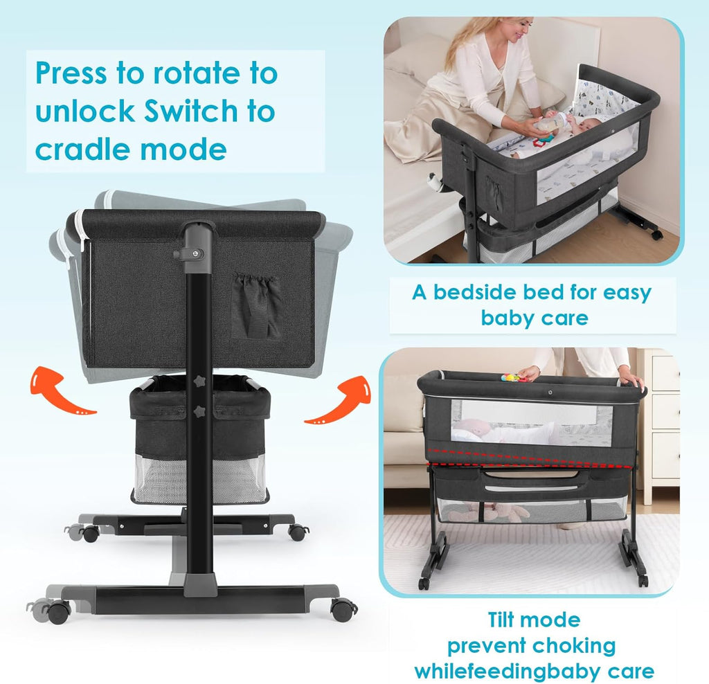 Baby Cradle, Freestanding Bedside Bassinet, 3-in-1 Convertible Bassinet with 360° Swivel Wheels, 2026 New Model