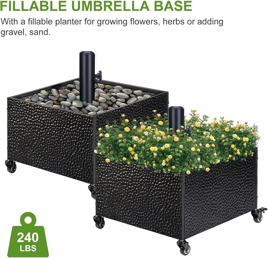 Heavy-Duty Metal Umbrella Base Stand with Wheels, 150lb Capacity Portable Fillable Planter - Black - S5NQ
