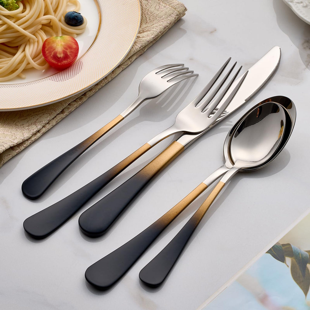 Colorful Silverware Set 20 Piece 18/0 Stainless Steel Flatware Black and Gold Handle Cutlery Set Service for 4 Fork