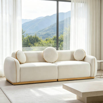 91" Modern Sofa, Upholstered Chenille Couch Curved Sectional Sofas with 3 Round Pillows, Luxury Deep-Seat Comfortable
