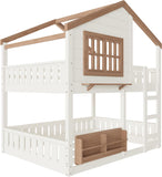 Bunk Bed Full Over Full with Ladder, House Bunk Beds with Bookshelf and Window for Kids, Teens, Beige & Natural