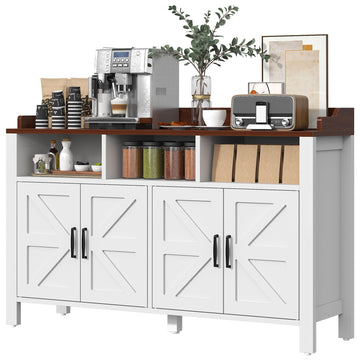 Buffet Cabinet with Storage Farmhouse with 4 Doors and 3 Open Compartments, 55'' Large Kitchen Storage Cabinet White