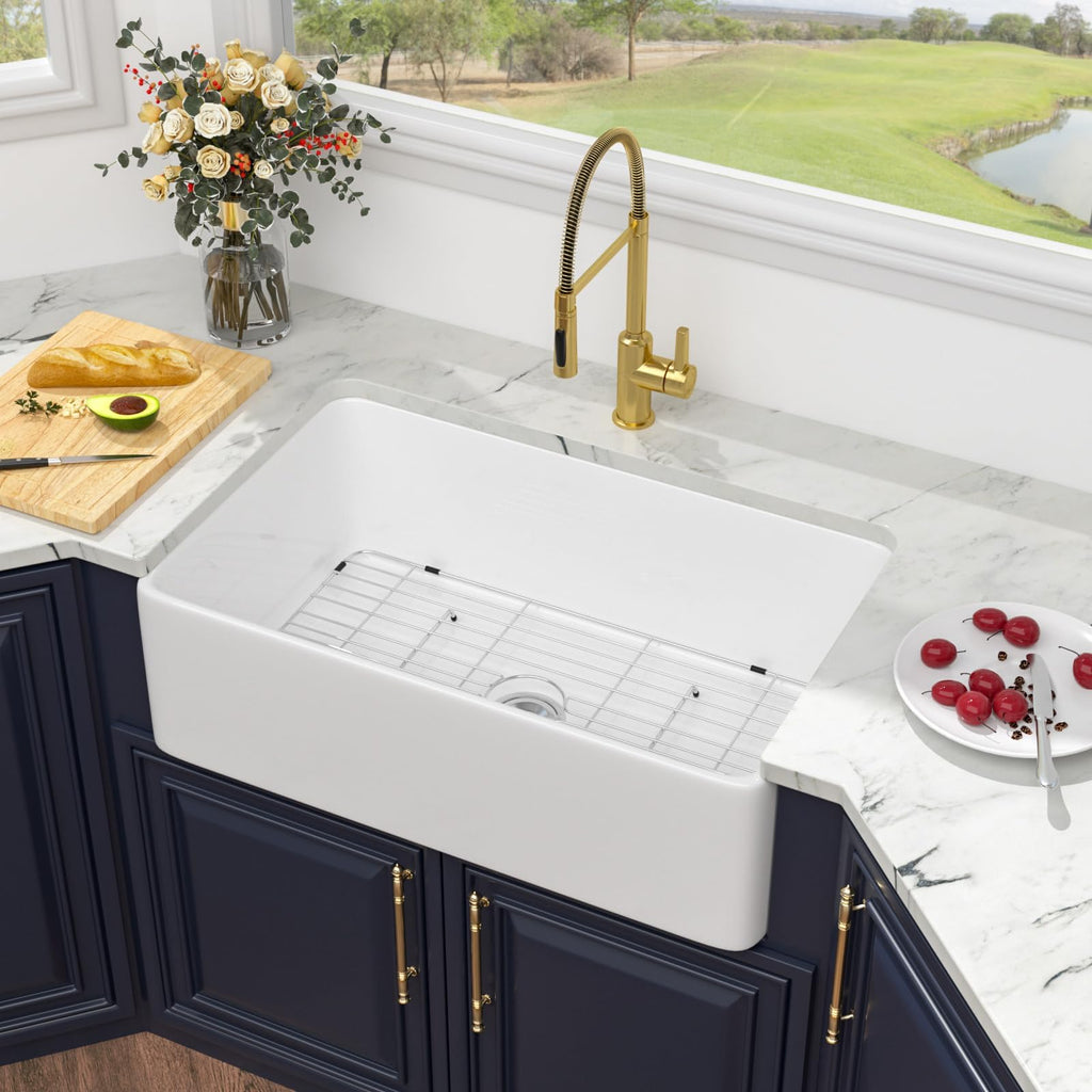 Farmhouse Kitchen Sink 33x20x9 White Apron Front Fireclay Farm Sink