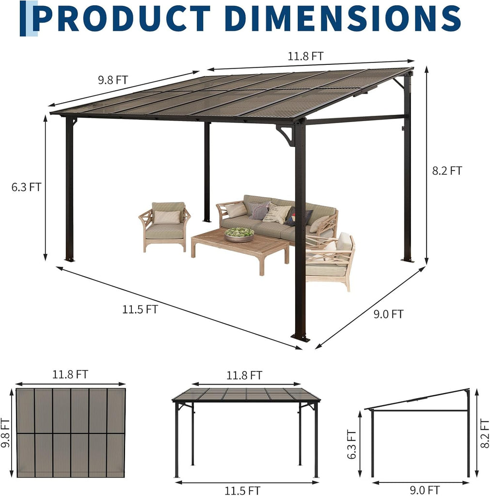 10x12ft Lean to Gazebo with Polycarbonate Hardtop Roof