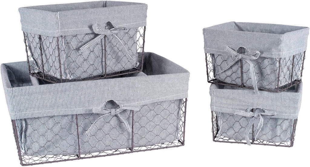 Farmhouse Chicken Wire Storage Baskets with Liner, Set of 5, Rustic Ticking Stripe, Assorted Sizes