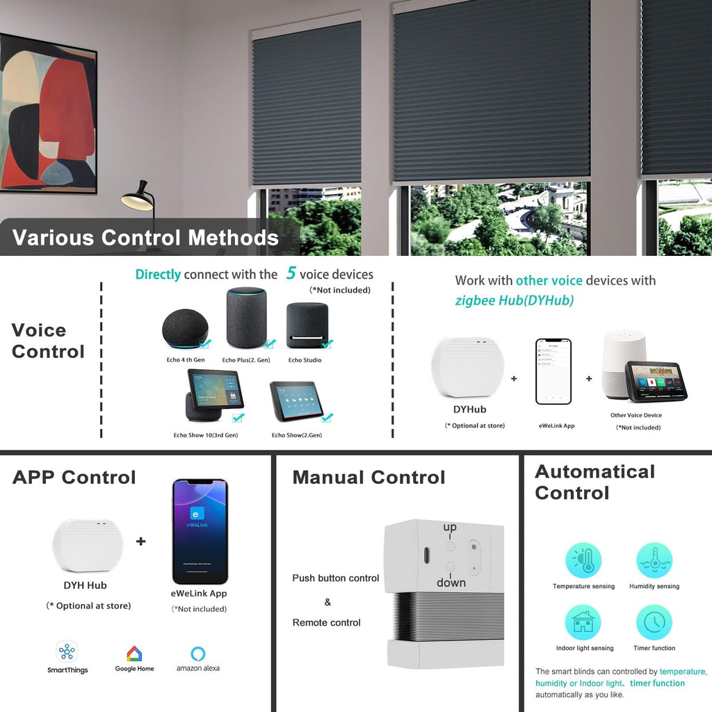Blackout Smart Blinds Cellular Shades for Windows Doors Motorized with Remote Control, Custom Size Automatic