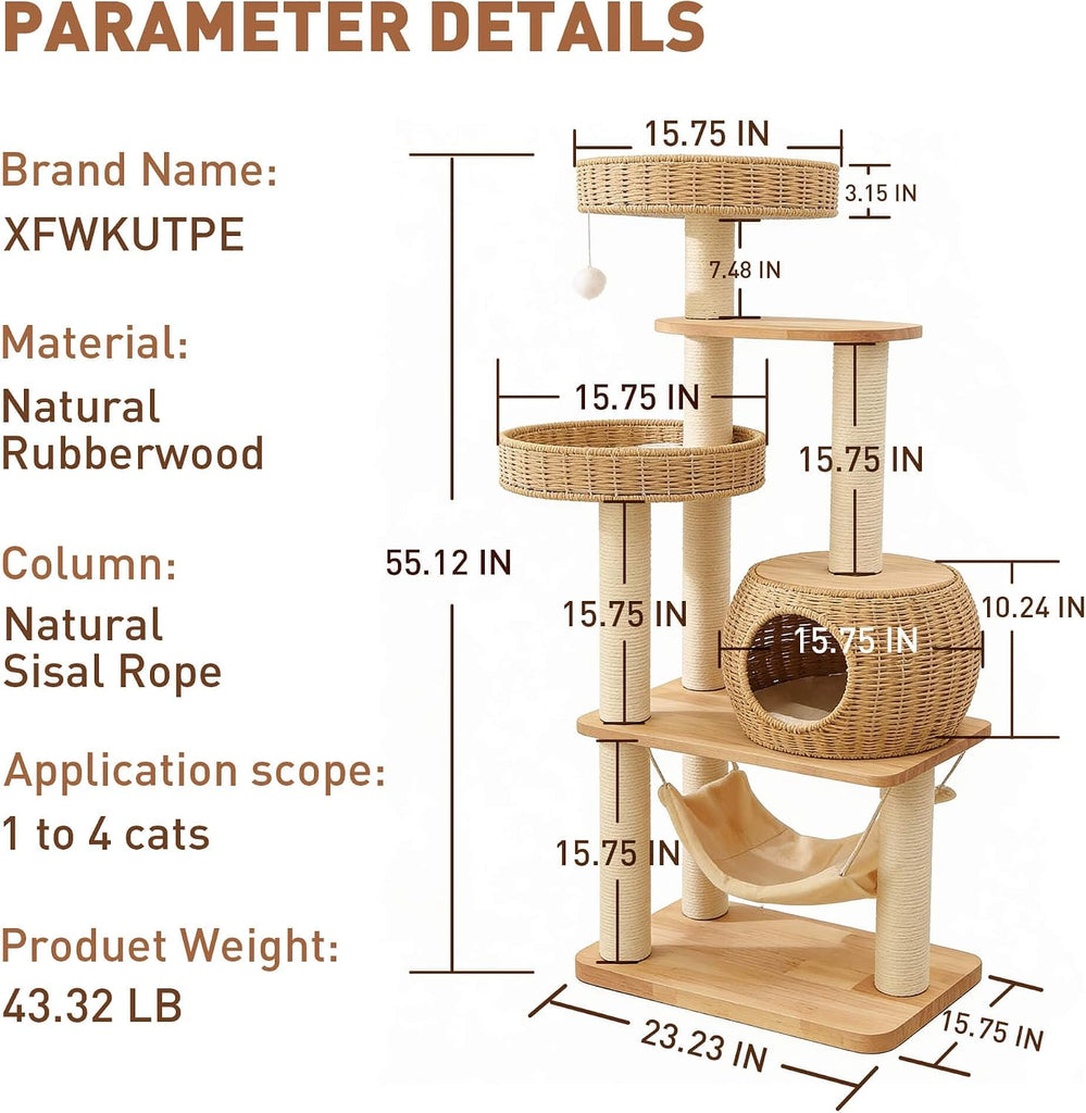 Wooden Cat Tree for Large Indoor Cats, 55in Modern Tall Cat Tower