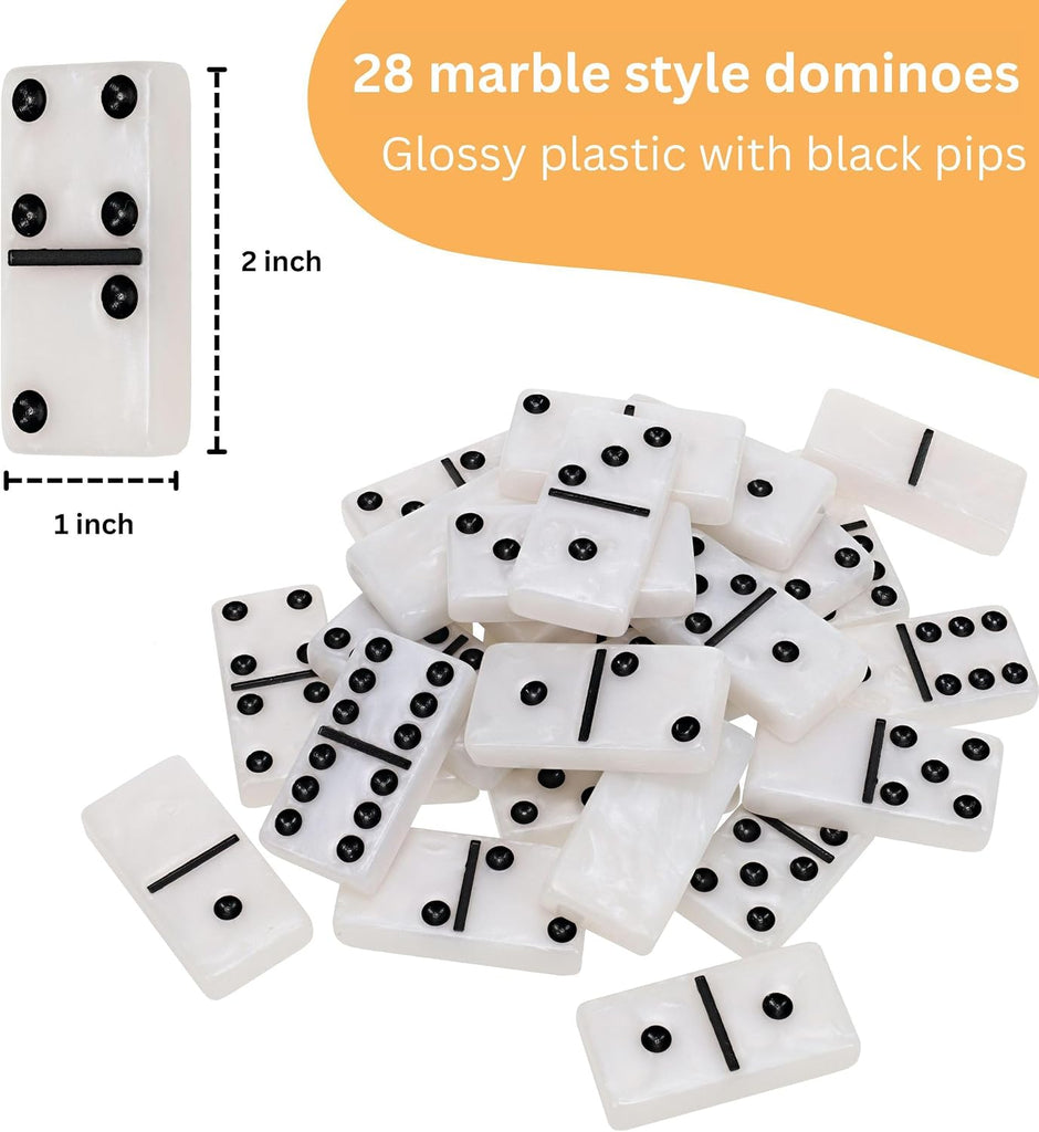 Double 6 Marbleized Dominoes in Magnetic Wooden Travel Box, Dominoes Set for Adults, White Color Double Six Domino