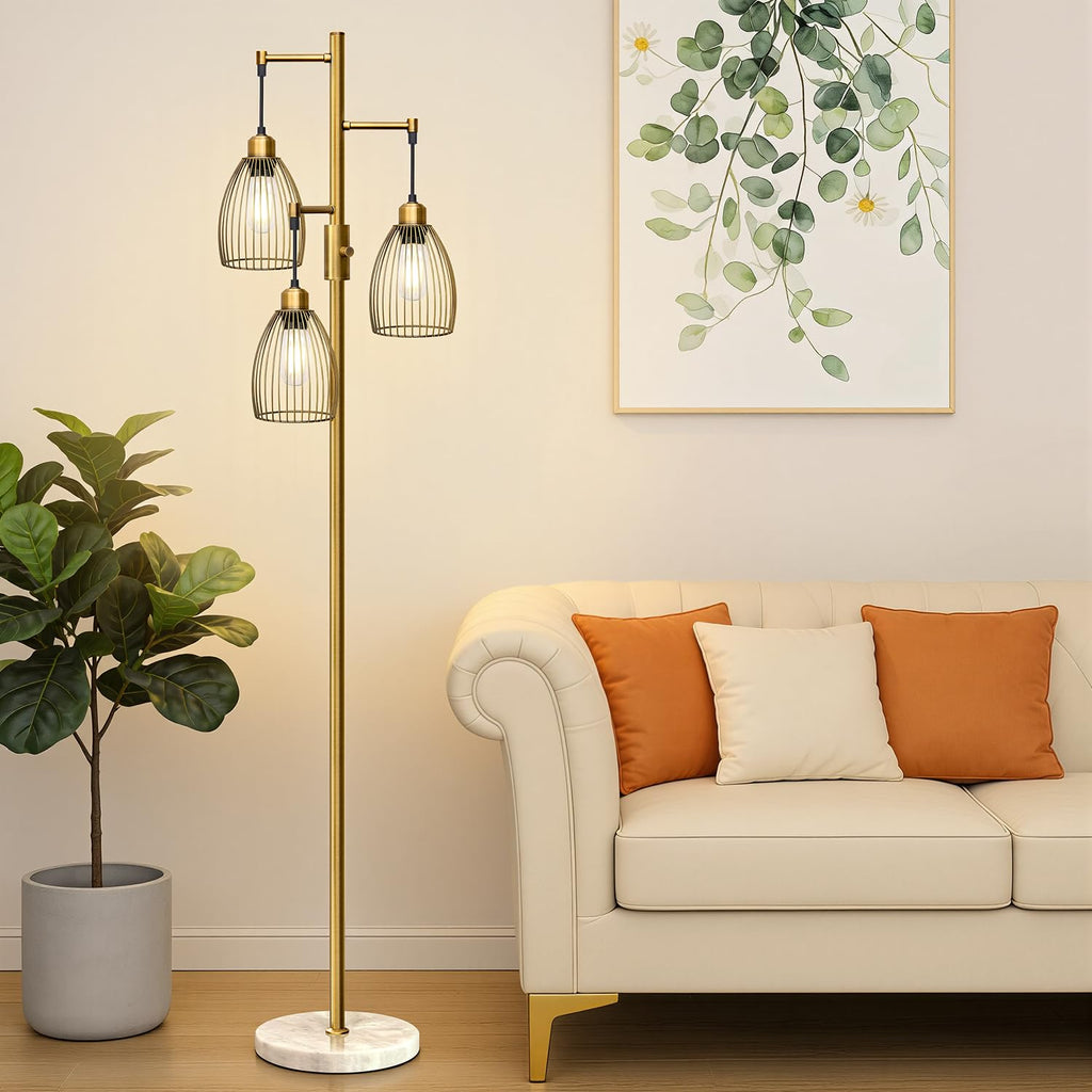 Dimmable Floor Lamps, Industrial Standing Lamp with Marble Base, Antique Brass Tree Tall Pole Light with 3 Elegant