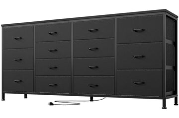 14 Drawer Dresser TV Stand, Built-In Power Outlets & USB Ports, 63" W Long Wide Chest of Drawers, Fabric Storage