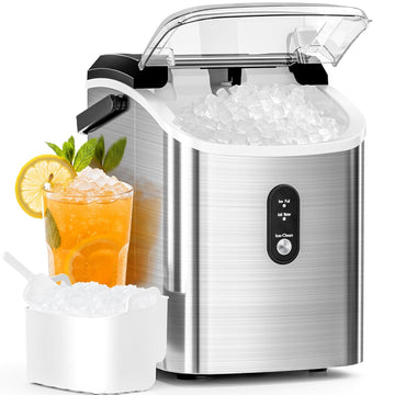 Nugget Ice Maker Countertop with Soft Chewable Ice, Portable Sonic Ice Maker with Basket and Scoop, Removable Top