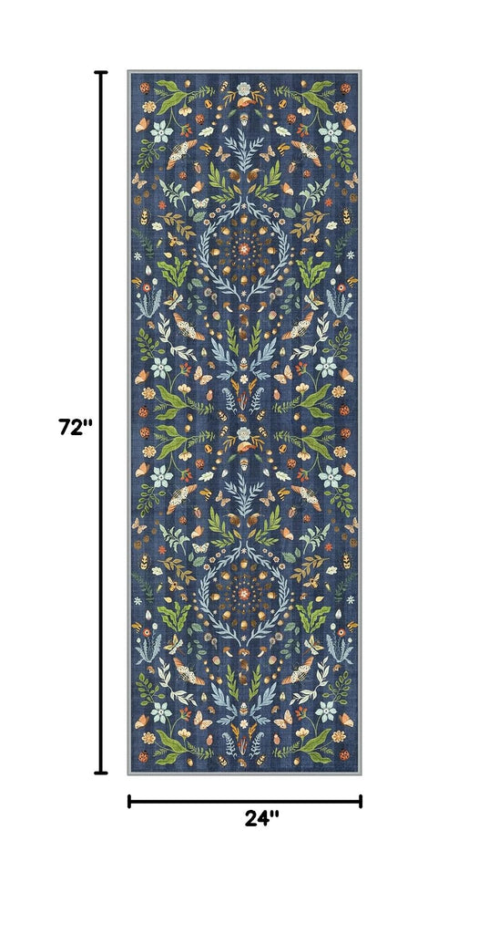 Chloe Insect Botanical 2x6 Runners s Non Slip, Blue Bathroom Kitchen Runner Rugs Non Skid Washable, Boho Soft Indoor