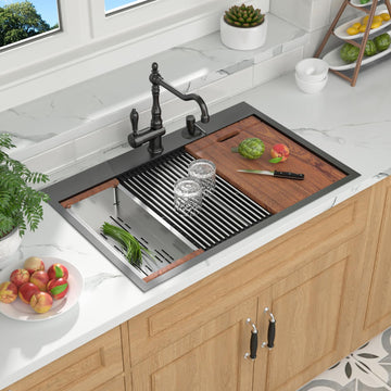 33 Inch Gunmetal Black Drop Sink - 33x22 Inch Double Bowl 50/50 NANO-PVD Stainless Steel 16 Gauge Topmount Handmade