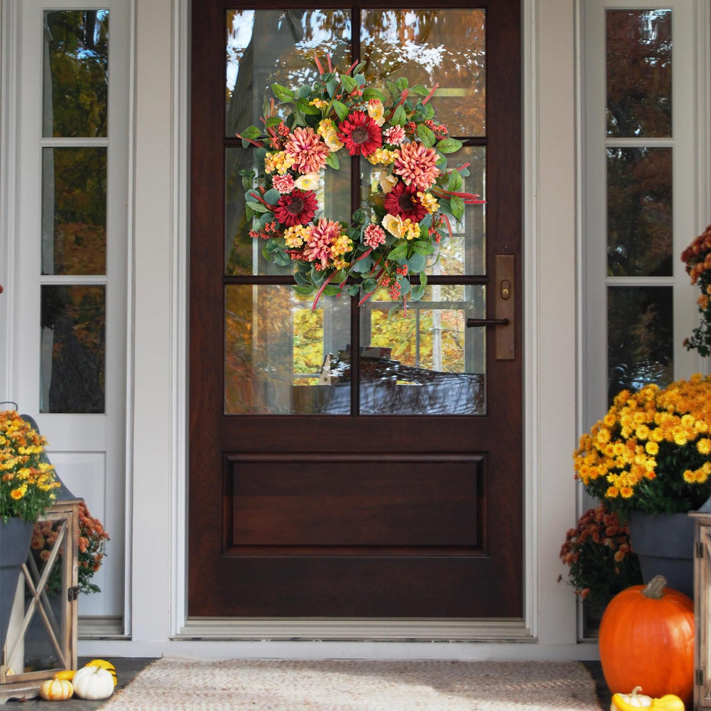 24 Inch Sunflower Dahlia Fall Harvest Wreath for Front Door