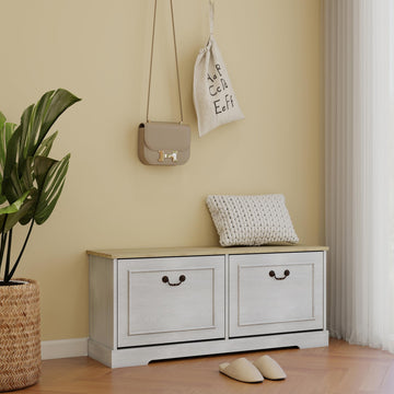 41.33" Antique White Shoe Storage Bench with 2 Flip Drawers