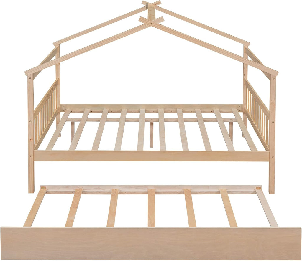 Full House Beds with Trundle Wooden Kids Montessori Bed Frame Wood Playhouse Tent Bed Frame for Girls Boys, Full