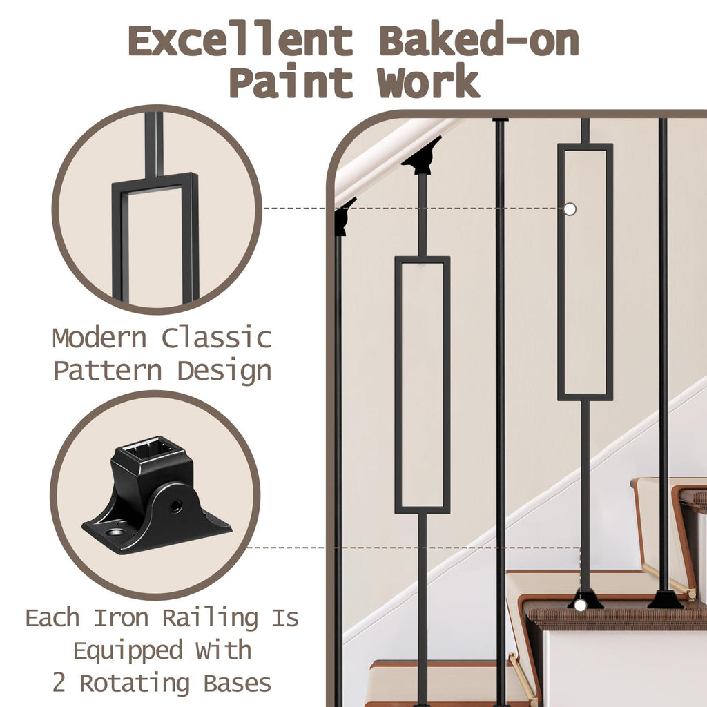16 Pcs Wrought Iron Balusters for Staircase, 1/2" x 44" Rectangular Hollow Iron Spindles Deck Balusters with 32 Fixed