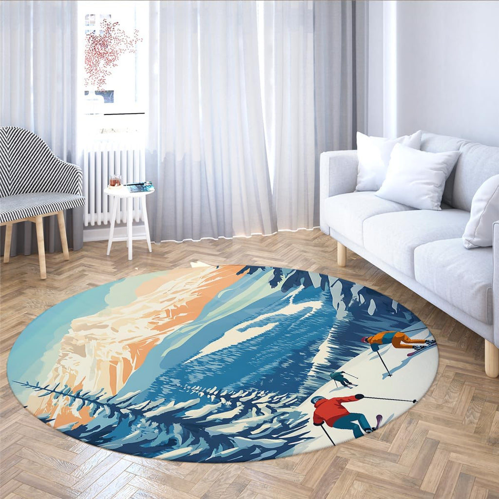 Winter Sports Theme 4ft Area Rug Snowy Mountains Skiing Pattern Circular Rugs Non Slip Washable Carpet Bedside