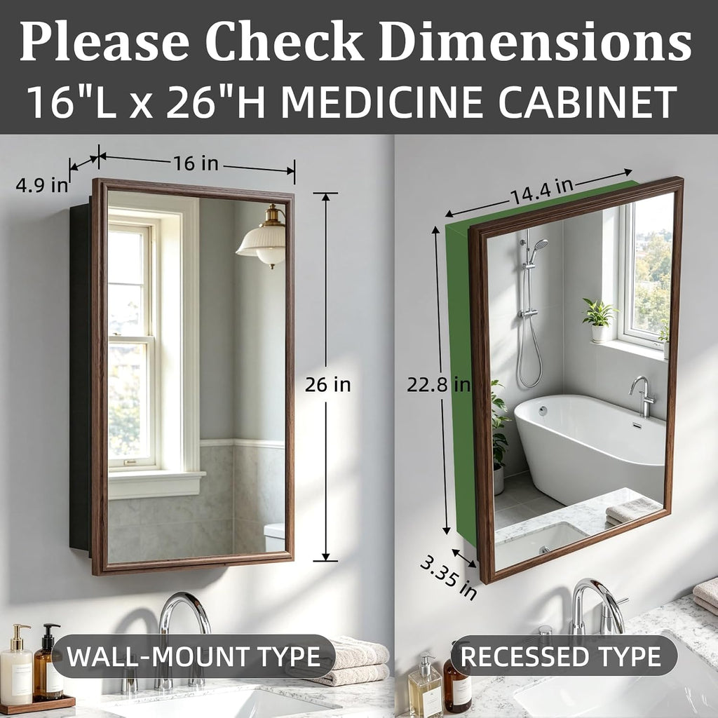 Recessed Medicine Cabinet Mirror with Storage,Brown Aluminum Medicine Cabinet Frame Mirror,Tempered Glass,Mount