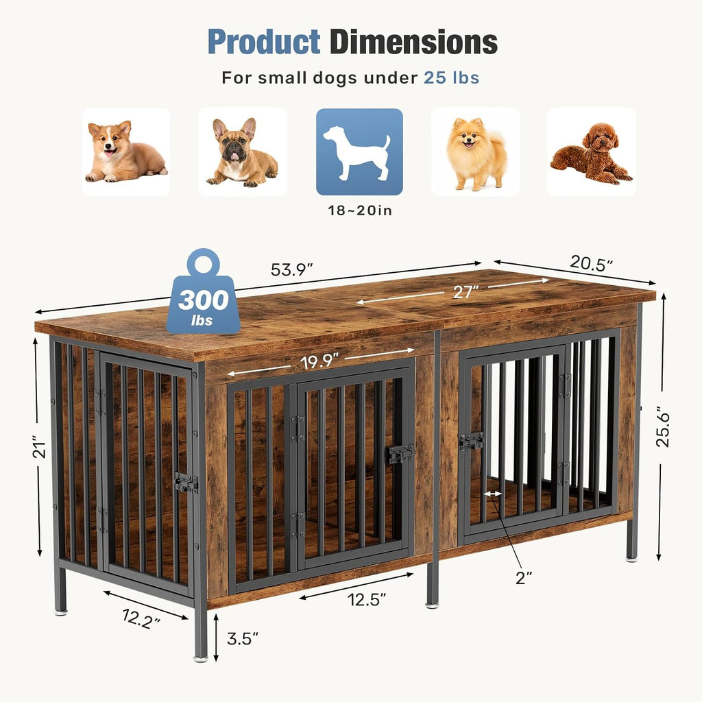 Dog Crate Furniture for 2 Dogs with Divider, Brown
