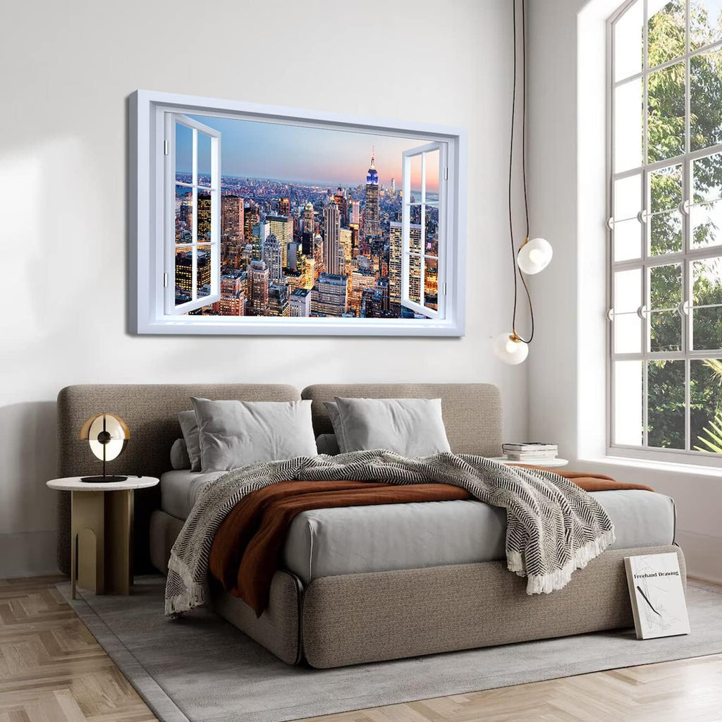 New York City Wall Art Sunset NYC Skyline Canvas Wall Decor | Window View Manhattan Landscape Prints Pictures