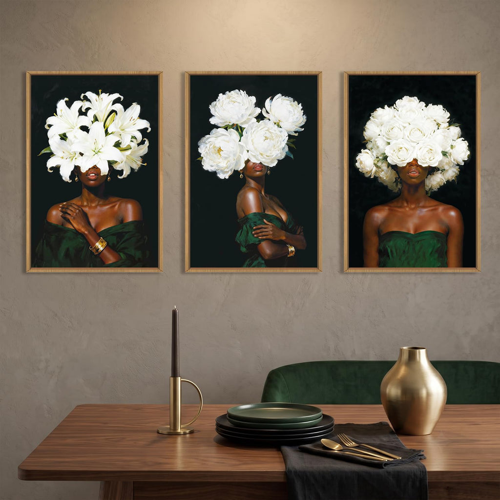 Black Woman Framed Canvas Prints Wall Art Set, Abstract White Hydrangea Wall Decor, Vintage African American Girl Art