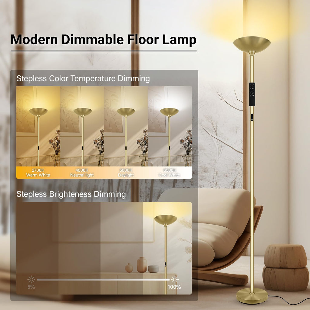 Dimmable Floor Lamp, Gold, 30W LED Torchiere