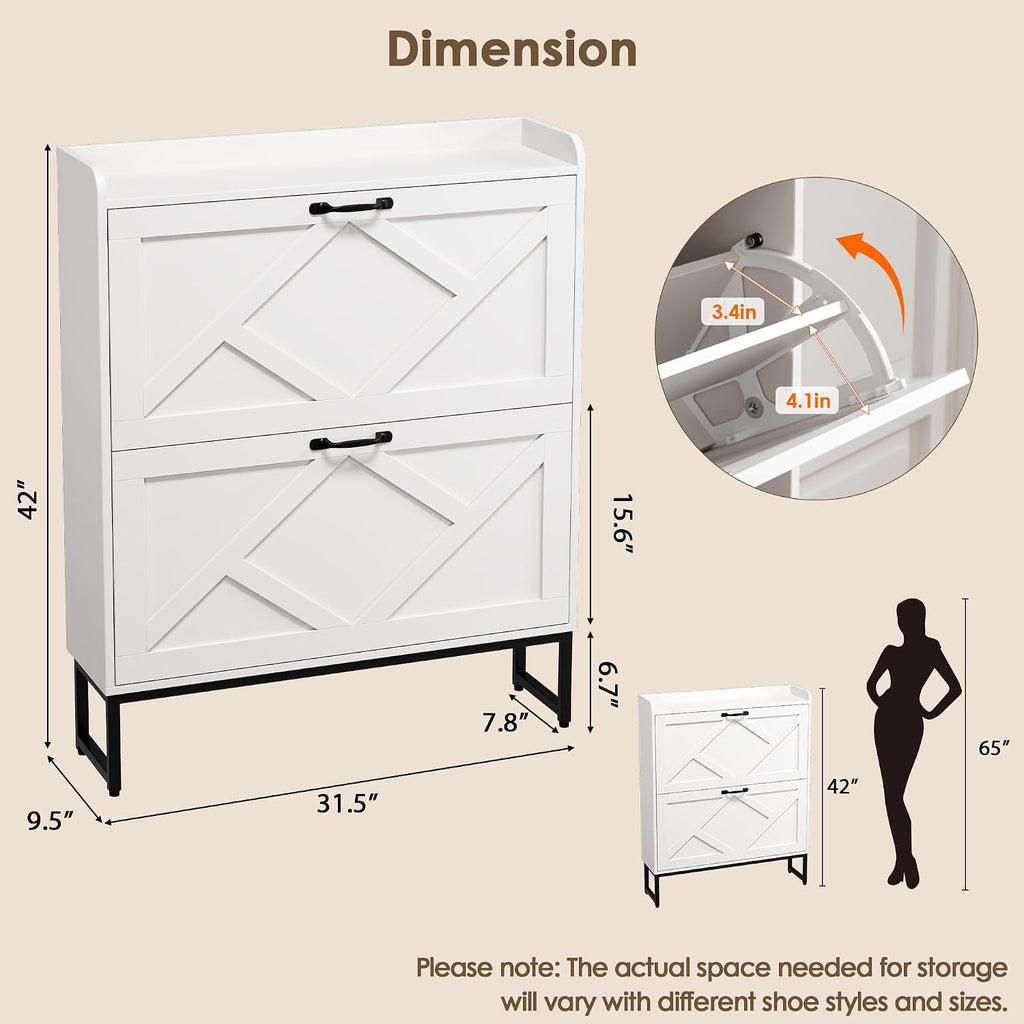 Shoe Cabinet with 2 Flip Drawers, Freestanding Shoe Organizer, Shoe Cabinet with Metal Legs, Narrow Shoe Rack Cabinet