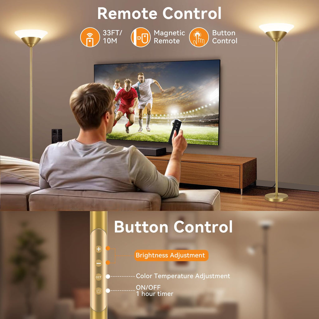 Torchiere Floor Lamp, 30W Dimmable LED Standing Lamp with Remote/Button Control, 1800Lm - 72in Bright