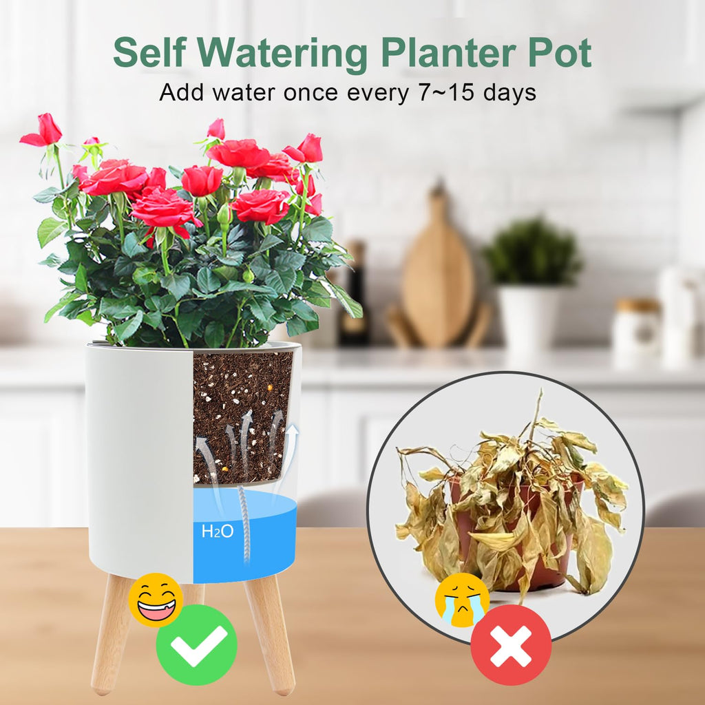 7.8 Inch Planter Pot with Solid Wood Legs, Self Watering Planter Pots with Water Shortage Alarm Planter Pot for