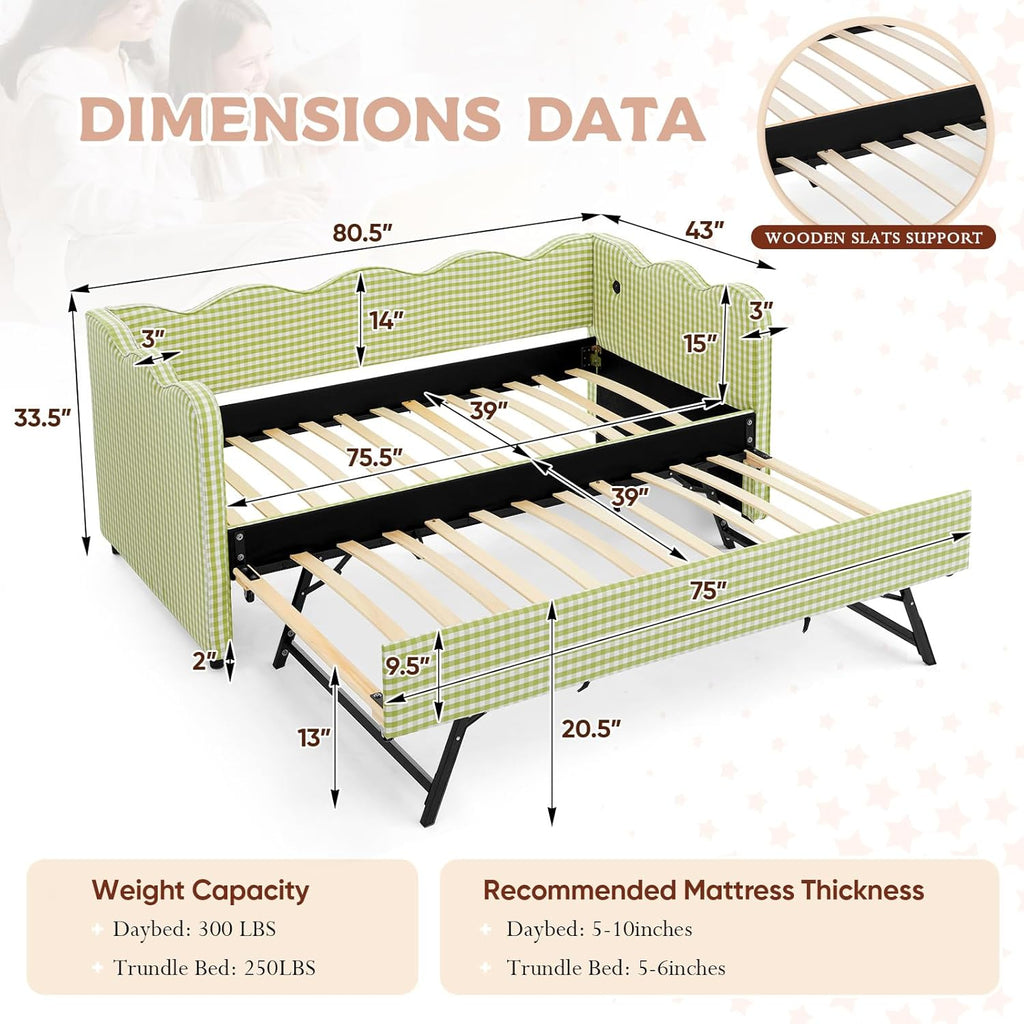 Twin Size Daybed with Pop Up Trundle, Linen Gingham Twin to King Daybed with USB Ports, Upholstered Day Bed Frame