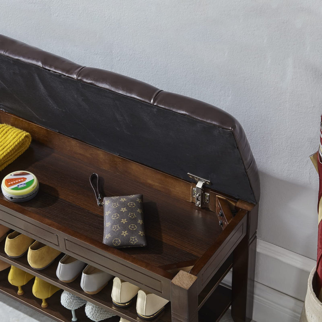 Shoe Bench, Storage Rack Organizer with Cushion 2 Tier Lift Top Shoe Rack Living Room Bedroom Hallway Wooden