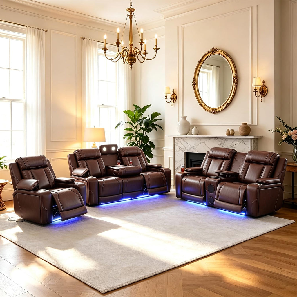 Leather Power Recliner Sofa Set with Bass Speaker/LED(Brown, 3PCS)