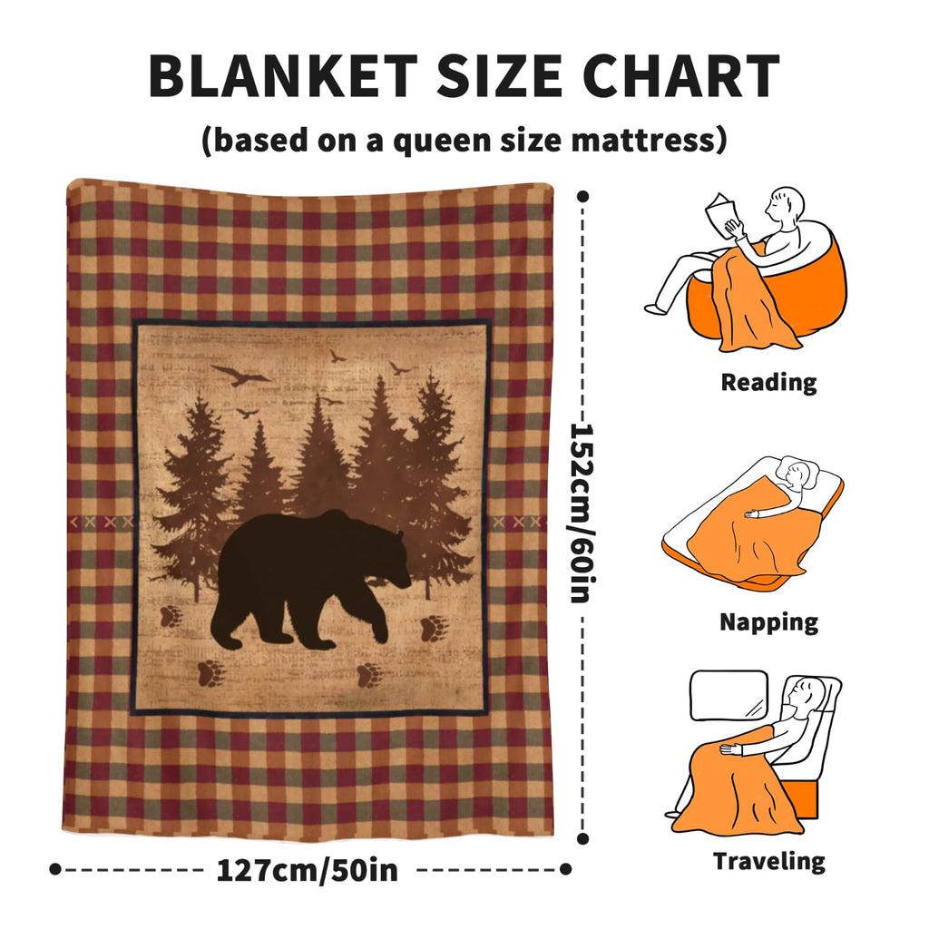 Bear Flannel Fleece Blanket, Wild Animal Forest Bed Blanket Red Green Buffalo Plaid Decorative Vintage Cabin Soft Cozy