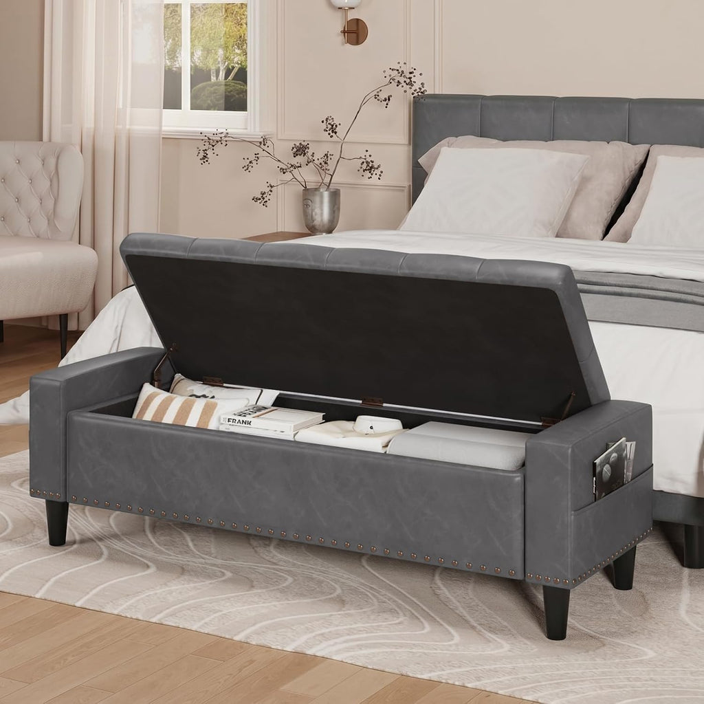 60" Storage Ottoman Bench, Faux Leather Upholstered Bed Bench, Grey | Benches with Tufted Buttons and Nailhead Trim