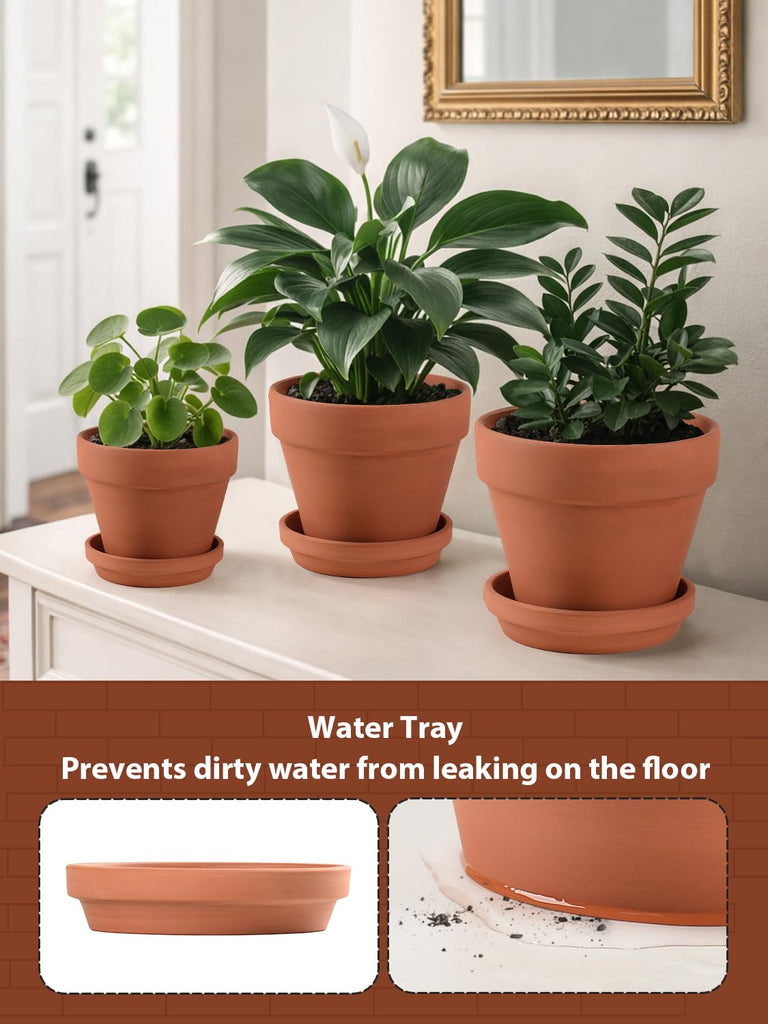 Terracotta Pots Set with Saucer - 5/6/7 inch Ceramic Clay Planters with Drainage Hole, Garden Flower Succulent Pots