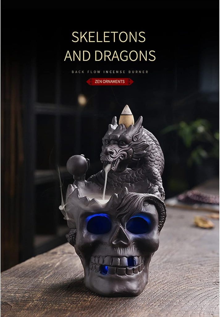Dragon Waterfall Incense Holder - Ceramic Backflow Burner with Skull Head, Zen Meditation Decor, Yoga Studio - Unique