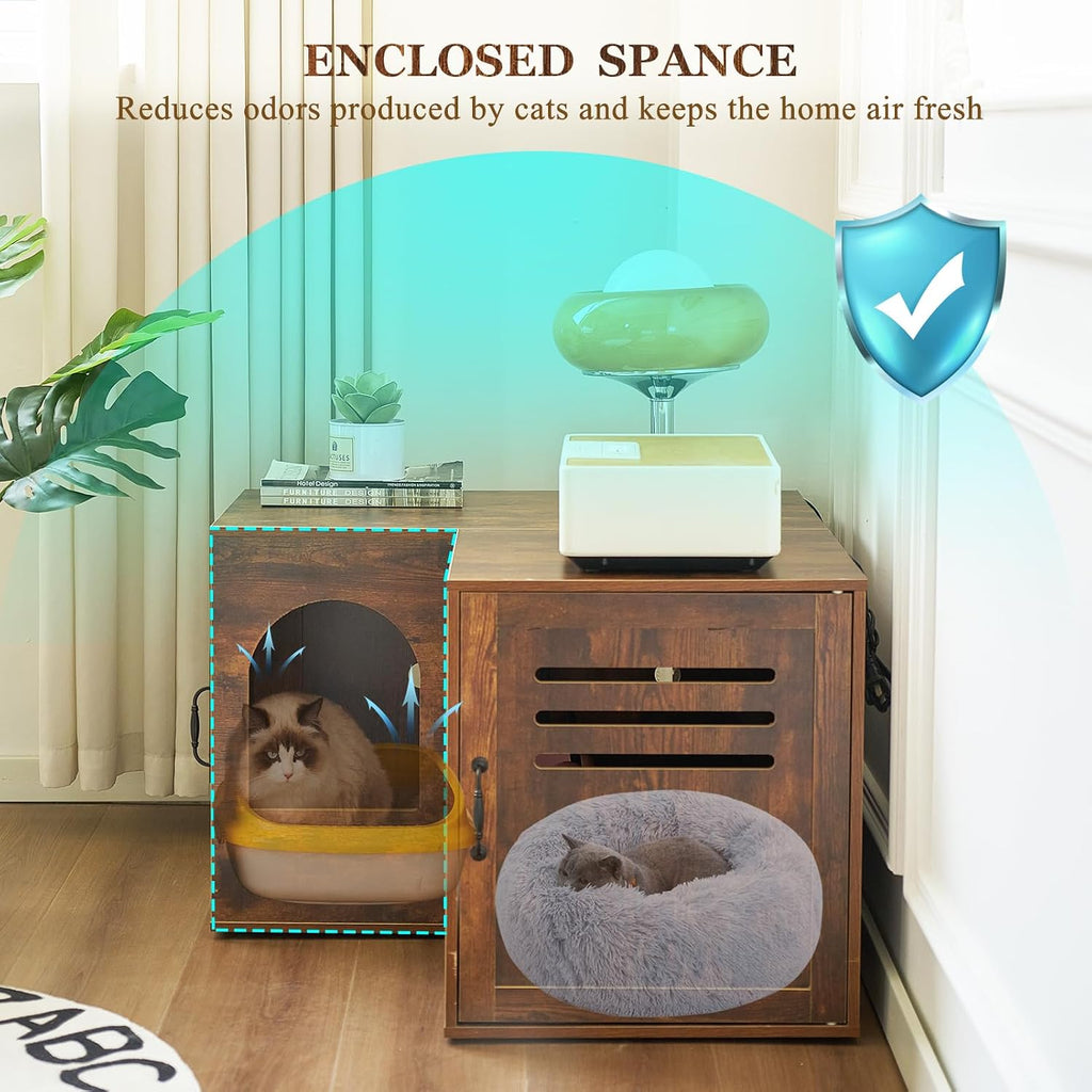 31.5in Corner Cat Litter Box Enclosure with Double Room, Brown