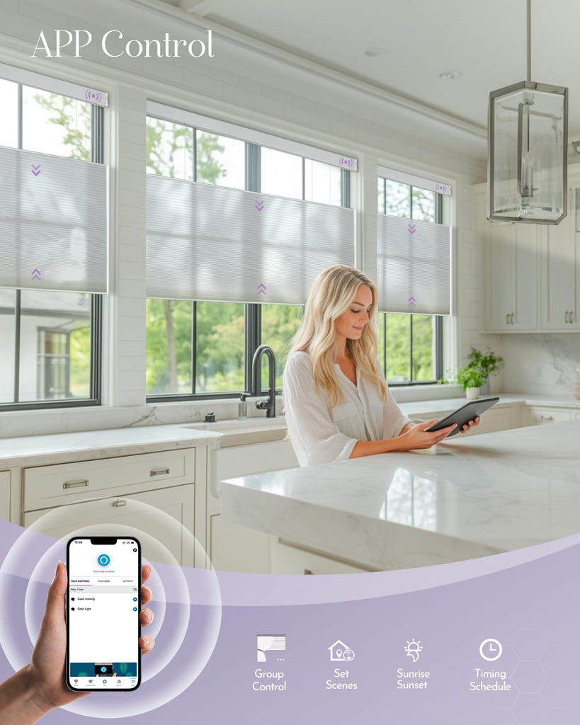 Smart Top Down Bottom Up Cellular Shades Compatible with Alexa Google Solar Powered Motorized TDBU Shades for Windows