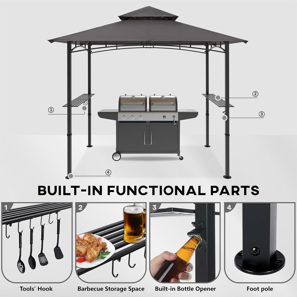 8'x 5' Grill Gazebo Double Tiered Outdoor BBQ Gazebo Canopy with LED Light (Gray)