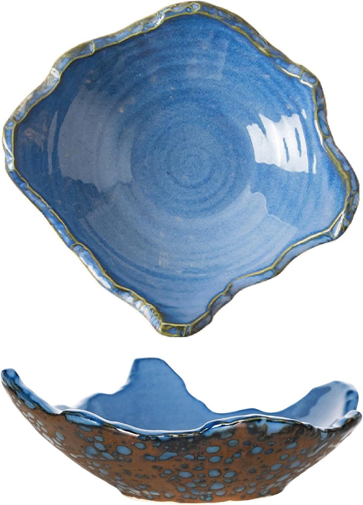 8.6 Inch Ceramic Decorative Bowl with Irregular Wavy Rim and Dynamic Reactive Glaze (Blue)