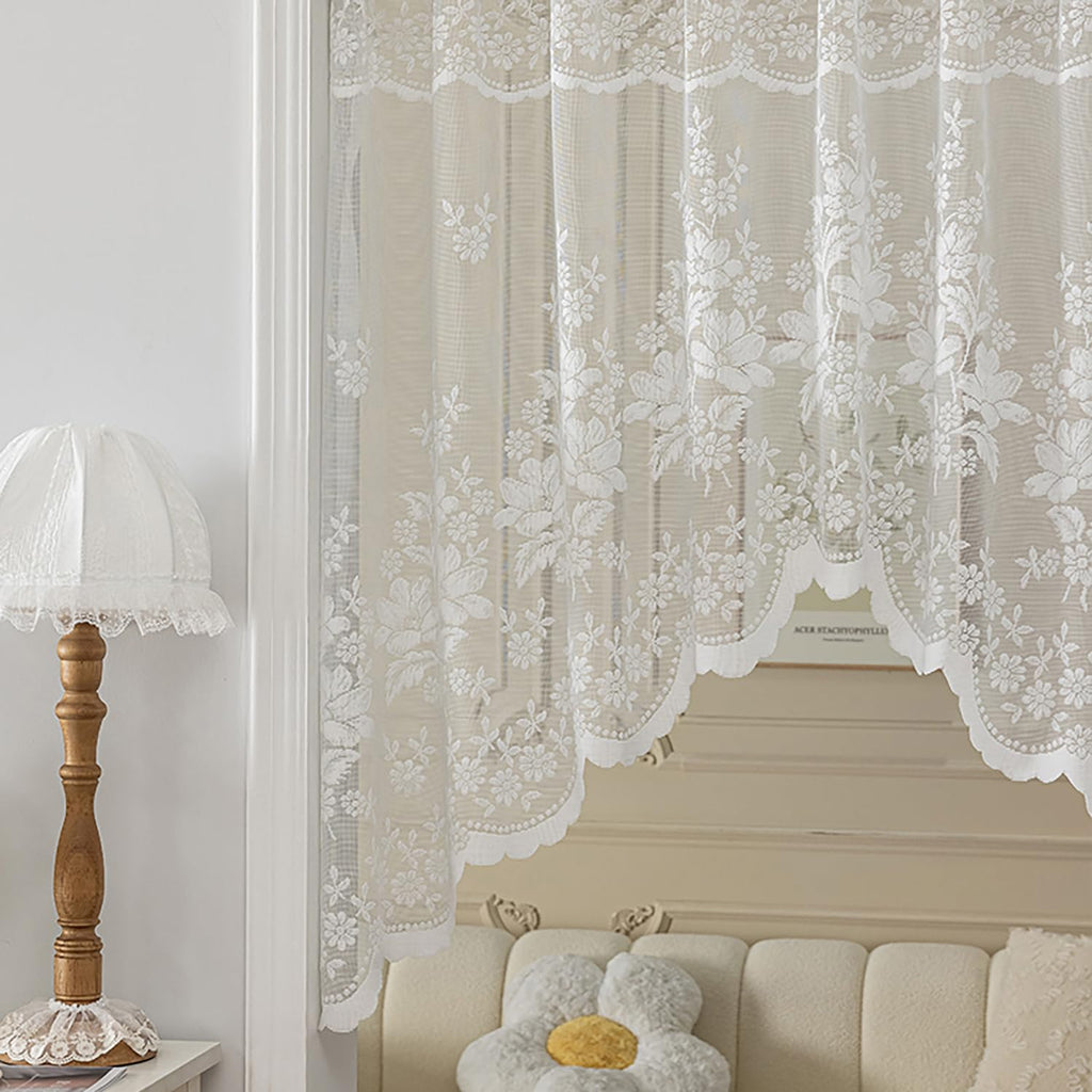 Floral Lace Kitchen Curtain 35in White Sheer Curtain Valance Swag Door