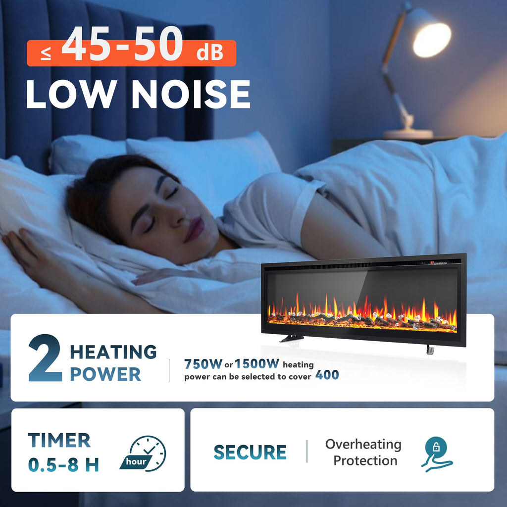 50 Inch Electric Fireplace Recessed Wall Mounted Freestanding