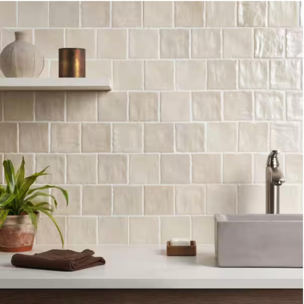 4x4 Inch HTCFD Premium Quality Almond Matte Zellige Ceramic Tile with Subtle Shimmer | Handmade Look Moroccan Square