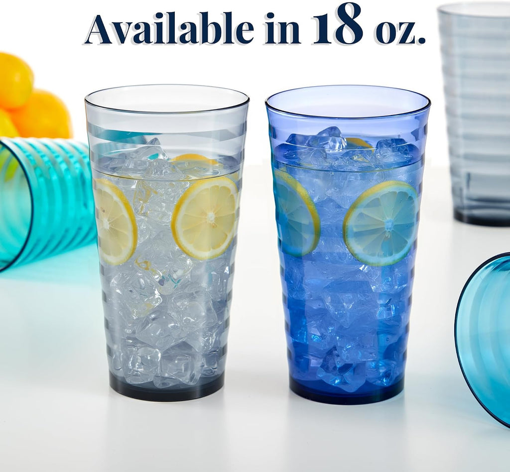 Splash [Set of 16] 18 ounce Plastic Stackable Water Tumblers in 4 Coastal Colors Value Set of Drinking Cups