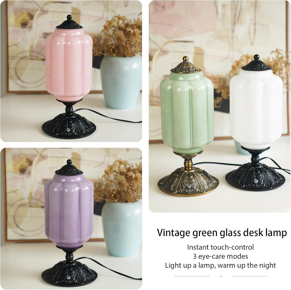 Milk Glass Touch Table Lamp, Elegant Green Jadeite Glass Bedside Desk Lamp 3 Way Dimmable with USB C+A Charging Ports