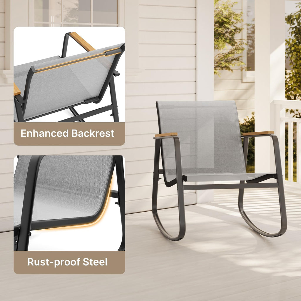 3 Piece Patio Bistro Set, Textilene Rocking Chairs for Porch, Gray