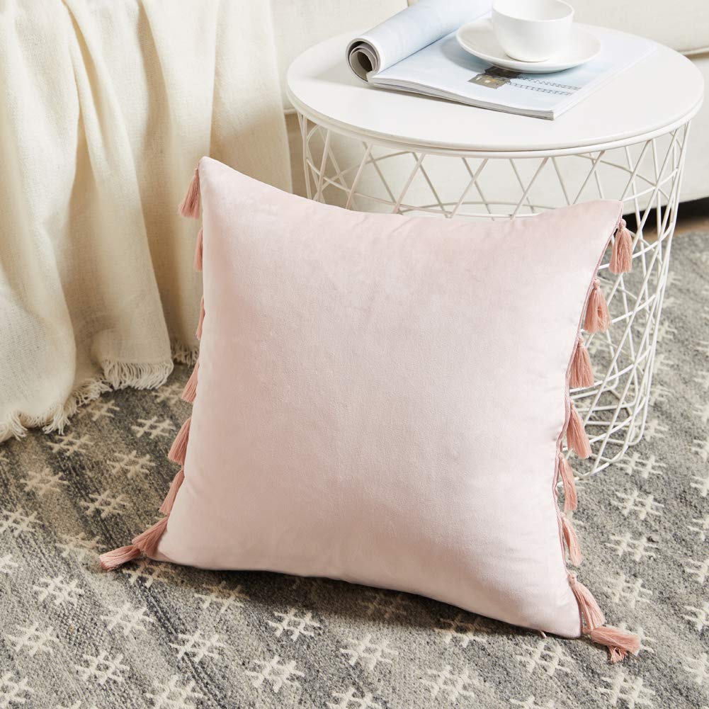 Pack of 2 Cute Decorative Throw Pillow Covers with Handmade Tassels, Soft Velvet Peach Solid Square Cushion Case Set