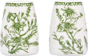 Green Garden Toile De Jouy Ceramic Salt & Pepper Shaker Set or Decor, Dishwasher Safe - Set of 2